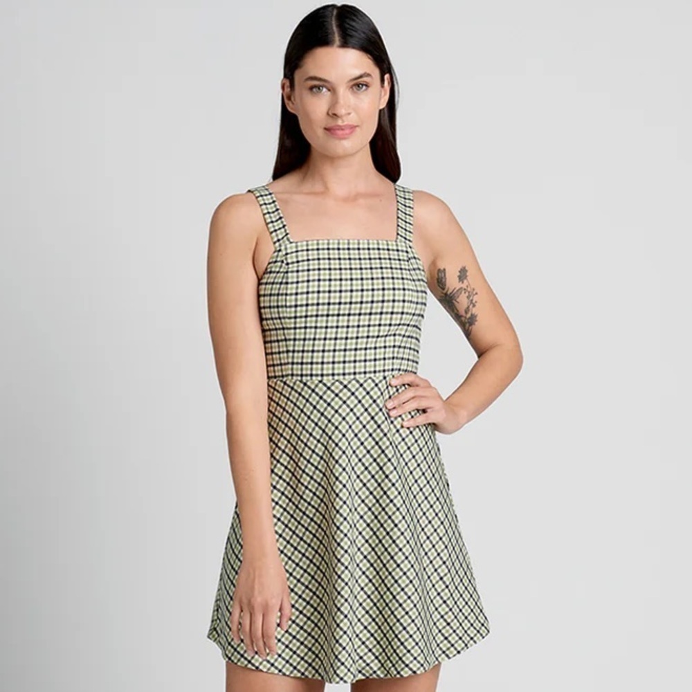 Modcloth Princess Highway Plaid Sleeveless Green Black Skater Dress Sz 8 Medium